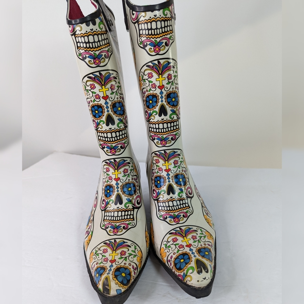 SOLD Rain Boots Sugar Skull Dia de Meurtos 6 Western Boot Style Cowgirl - Picture 15 of 15